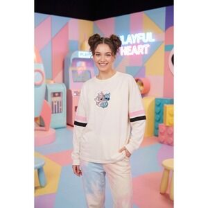 Disney Stitch & Angel Long Sleeve Varsity Jersey Shirt Cream XS JT26120